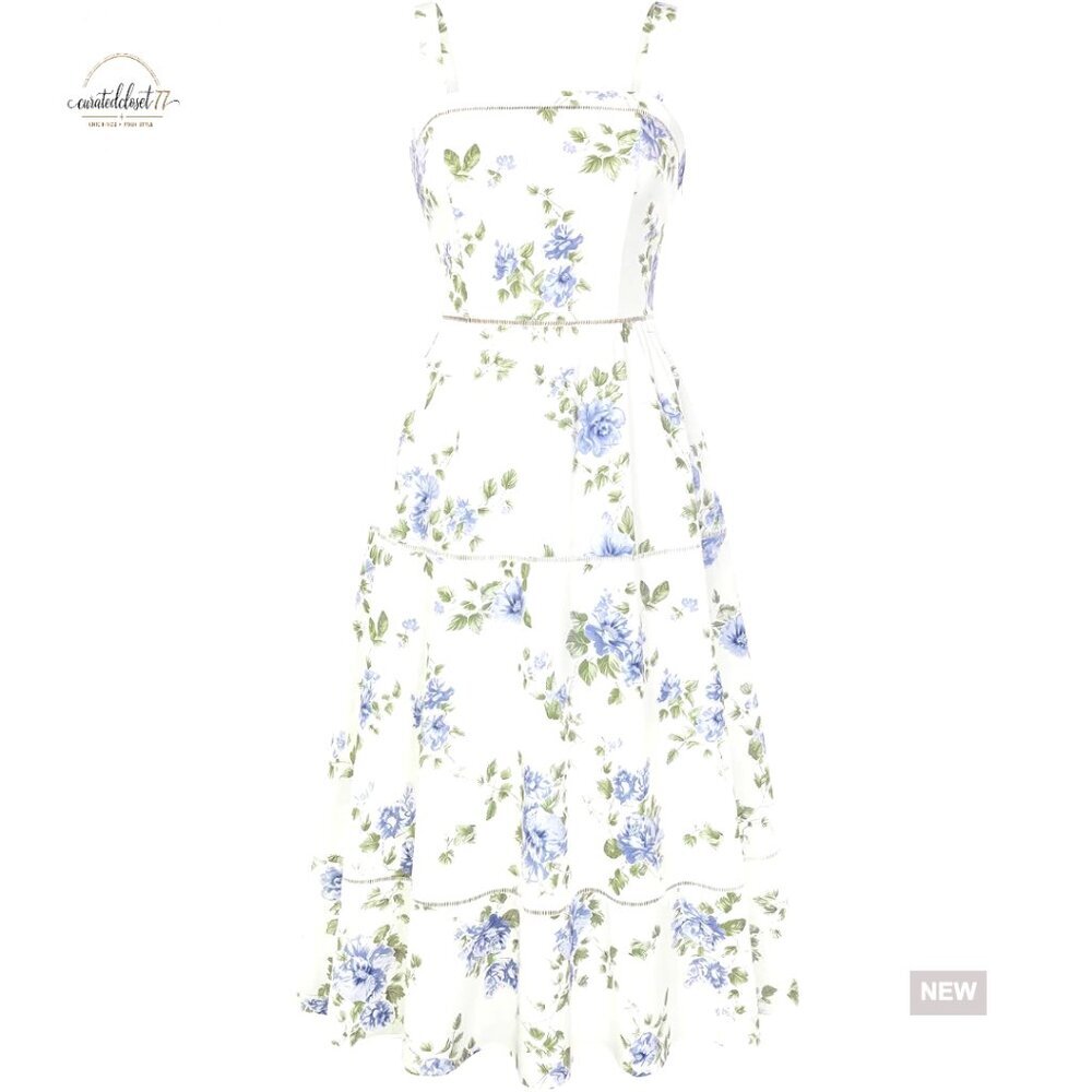 Floral Tiered Midi Dress Square Neck Sleeveless with Pockets
